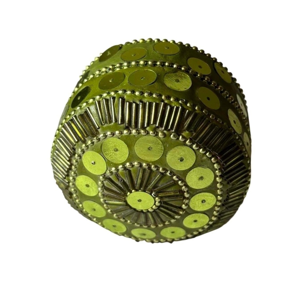 Olive Green Beaded Sequin Round Trinket Box Small Jewelry Case Gold Accents